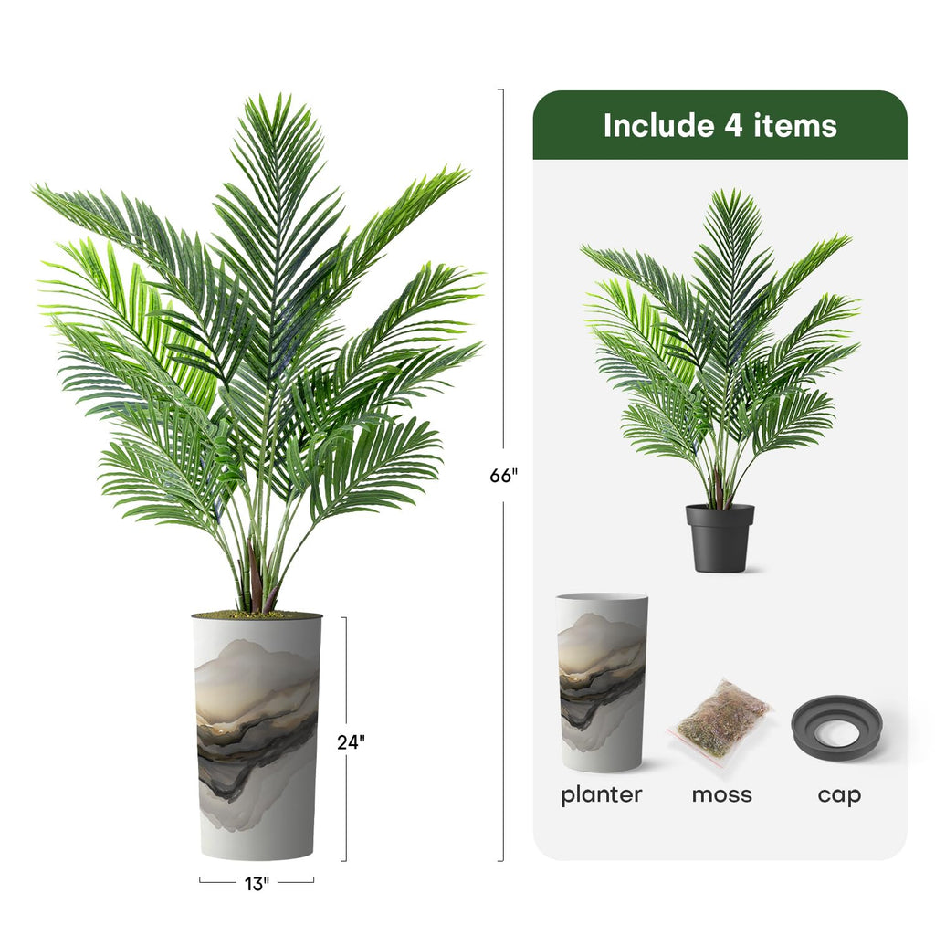 Artificial Tree in Flowing Black & White Smoke Abstract Shapes Planter, Fake Areca Tropical Palm Silk Tree for Indoor