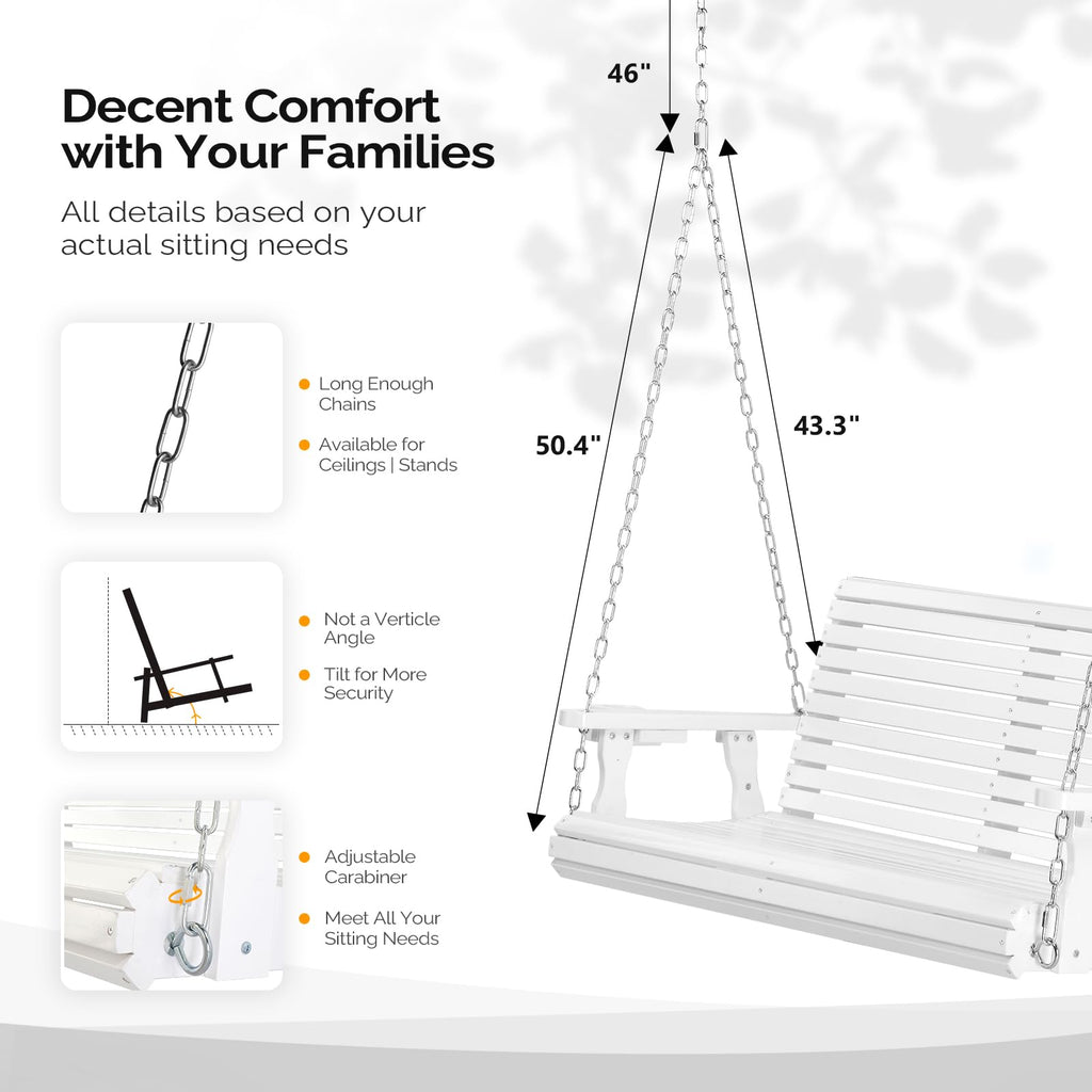 XL 4 FT Pro Wooden Porch Swing with Cup Holders, 880 LBS, White