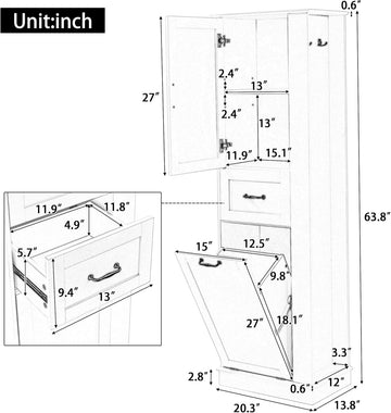 Tall Laundry Cabinet with Tilt Out Hamper, Wood Bathroom Storage Cabinet with Door,Drawer and Adjustable Shelves