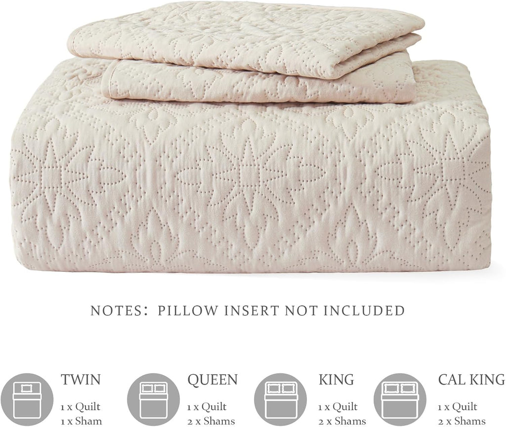 King Quilt Bedding Set, Lightweight Soft Bedspreads Coverlets with 2 Pillow Shams, Modern Brich Beige Oversized