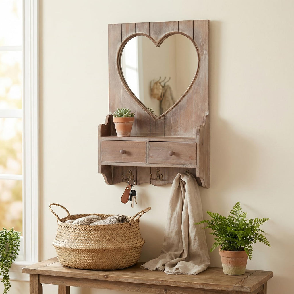 Rustic Farmhouse Wooden Entryway Mirror with Shelf and Hooks, 16"x24" Heart Shape Wood Frame Wall Mirror with Storage