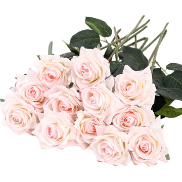12pcs Real Touch Rose Artificial Flower Long Stem, Light Pink