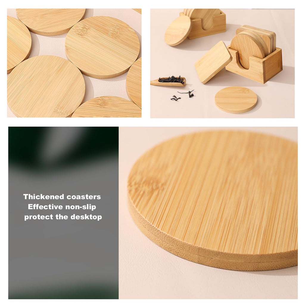 Bamboo Coasters Set of 6 with Holder, Table Protection Coasters
