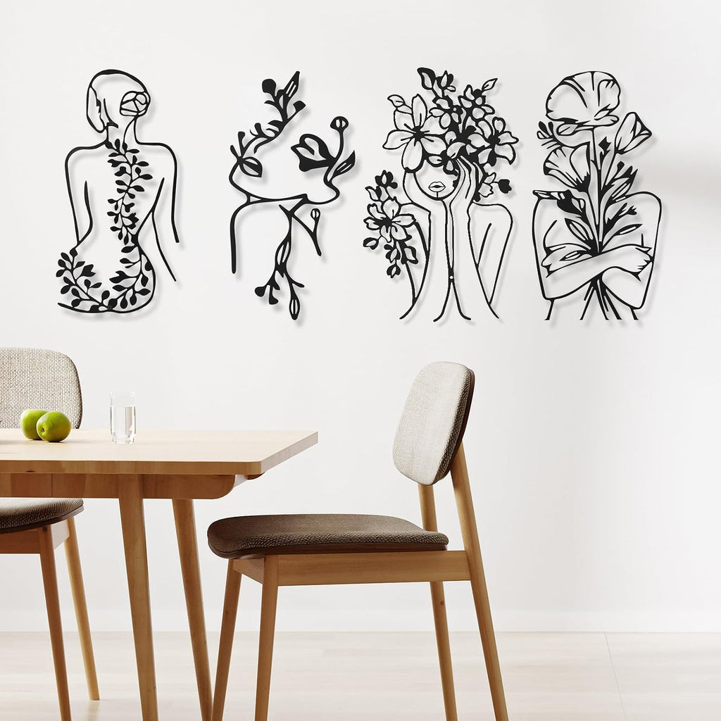 Metal Wall Art Decor Minimalist Abstract Woman Single Line Drawing Wall Art Female Home Decor Hanging Art Print - Set of 4