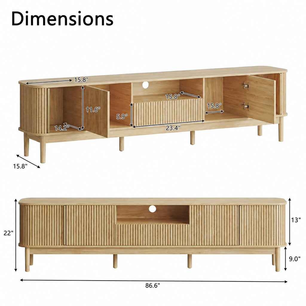 86.6'' Fluted TV Stand for 75/80/85 Inch TVs, Oak TV Console