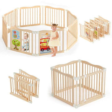 Foldable Wooden Playpen - Adjustable Wood Baby Play Yard with Child-Proof Lock, Indoor Large Safety Fence for Babies