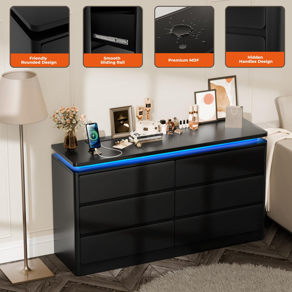 Upgraded 6 Drawer Black Dresser, 47.24" Long Chest of Drawers with Charging Station & LED Lights, Wooden Storage