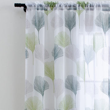 Green Leaf Curtains, Scandinavian Pattern Sheer Curtains 84 Inch Length 2 Panels Set, Sheer Floral Curtains, Rod