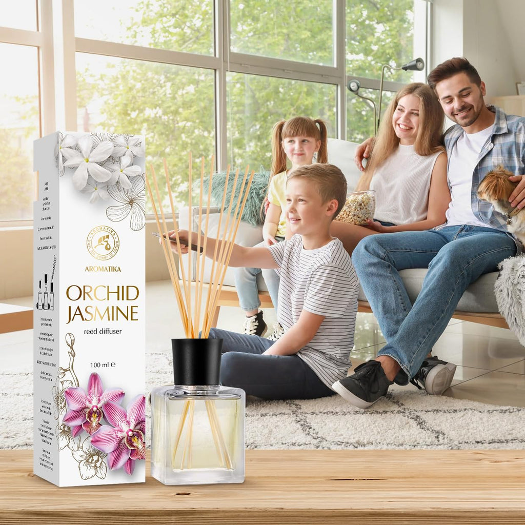 Reed Diffuser Orchid-Jasmine 3.4 Fl Oz - Fresh & Long Lasting Fragrance - Gift Set with 10 Bamboo Sticks - Good for