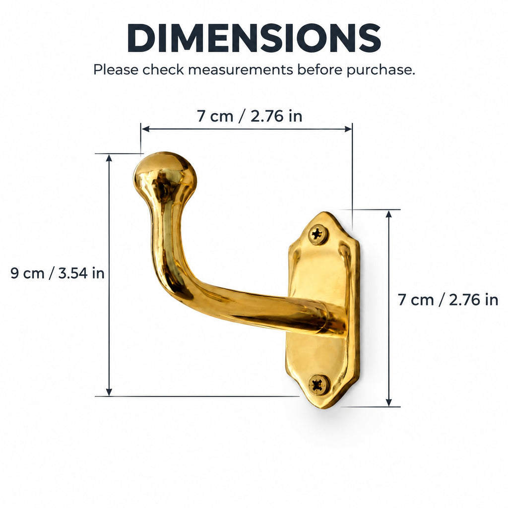 Unlacquered Solid Brass Wall Hooks - Handmade Heavy Duty Coat & Towel Hooks, Wall Mounted Brass Hooks Decor | Vintage