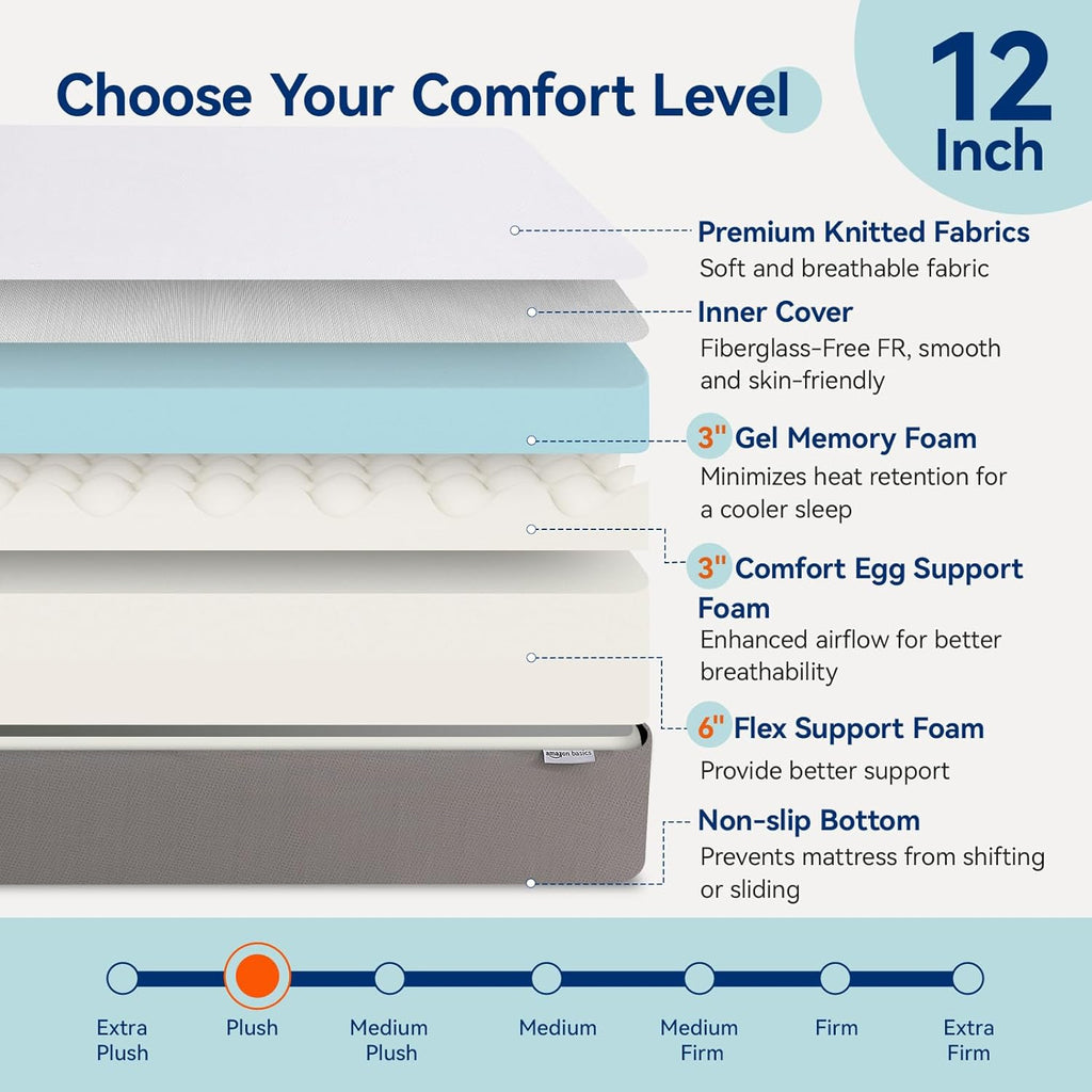 Memory Foam Mattress, Soft Plush Feel, Breathable, 12 Inch, Queen, White/Grey