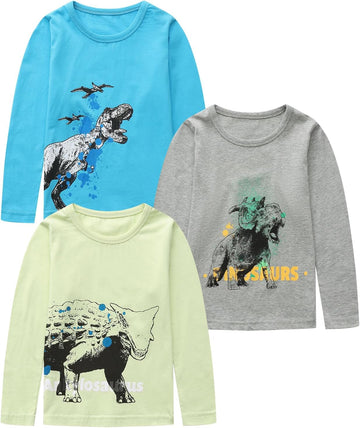 Boys Long Sleeve Shirts, Casual Cotton Tshirts Cartoon Graphic Crewneck Tops Tees Shirt for Kids Toddler Boy 3 Pack