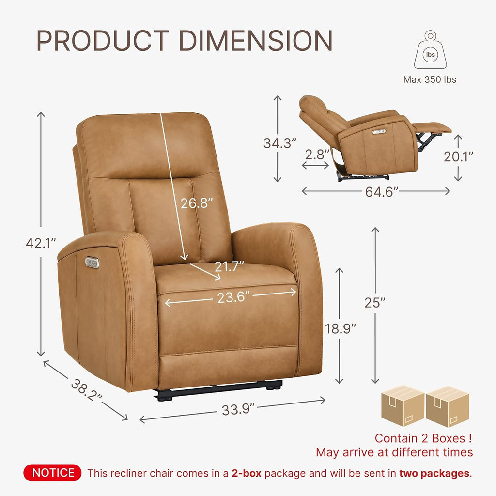 Wall Hugger Power Recliner Chair with USB & Type-C Ports Faux Leather Recliner 135° Reclining Small Space Electric