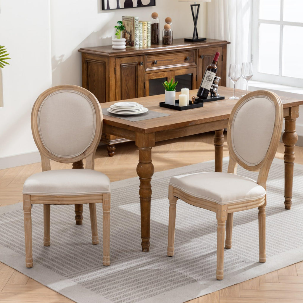 Vintage French Dining Chairs Set of 6, Round Back Accent Chairs with Linen Seat and Solid Wood Frame, Farmhouse