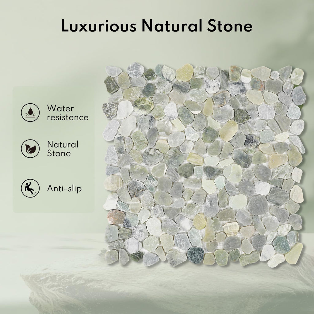 Pebble Tiles for Shower and Bathroom Floors, Jade Green Pebble Stone Mosaic Tile with Matte and Flat Surface, 5