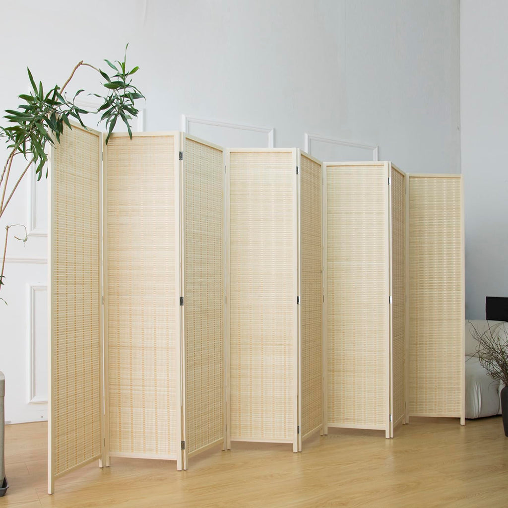 8 Panel Bamboo Room Divider - 5.6 ft Tall Folding Privacy Screen, Natural Beige Freestanding Partition Wall (67" x