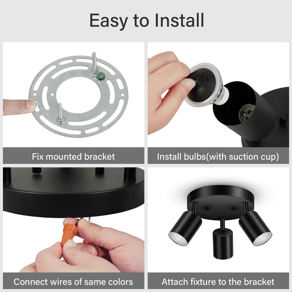 LED 3 Light Track Lighting Kit, LED Track Lighting Fixtures, Black Round Ceiling Spot Lighting, Flexibly Rotatable