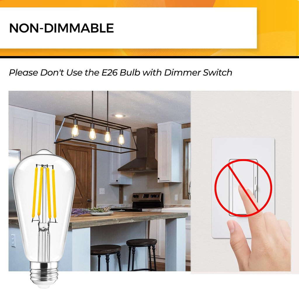Edison Bulbs Non-Dimmable, E26 LED Bulb 60W Eq, 800ML 3000K