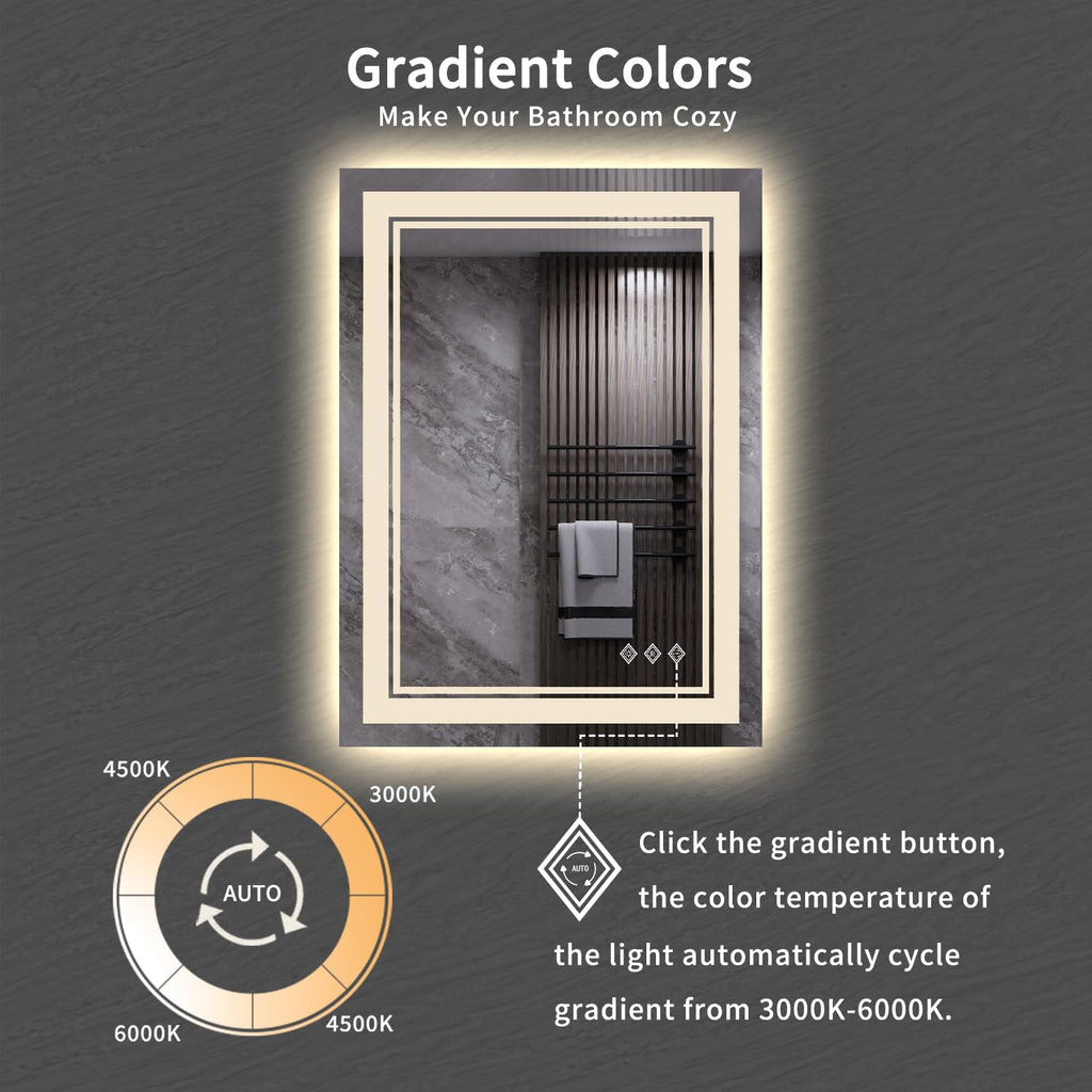 LED Mirror, 20x28 Inch Gradient Front and Backlit LED Bathroom Mirror, 3 Colors Dimmable CRI>90, IP54 Enhanced