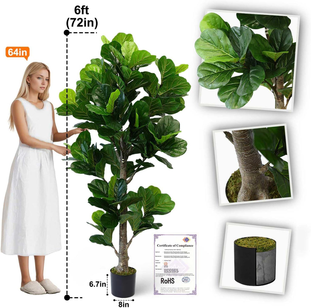6ft Artificial Fiddle Leaf Fig Tree Decor, 6 Feet Large Faux Plant Fake Ficus lyrata Silk Trees with Pot Outdoor