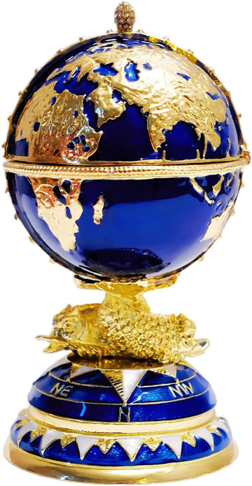 Decorative Globe Jewelry Box, Blue and Gold Enameled Trinket Box, World Map Design