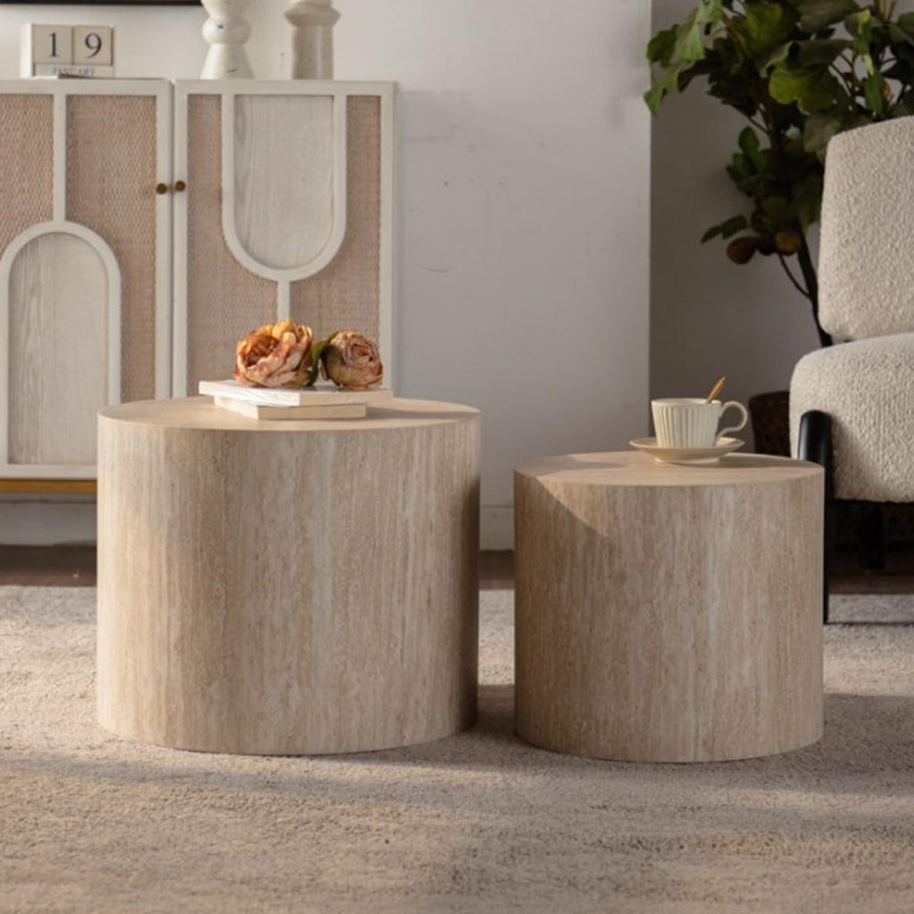 Nesting Coffee Table Set of 2, Modern Round Wooden Coffee Tables, Accent End Side Table for Small Space Living