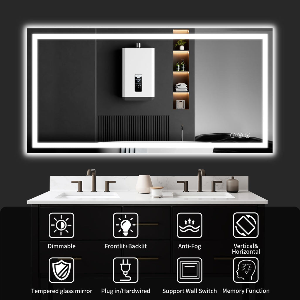 24"x48" Lighted LED Bathroom Mirror with Lights, Dimmable, Anti-Fog, Led Bathroom Vanity Mirror for Wall, Backlit + Front