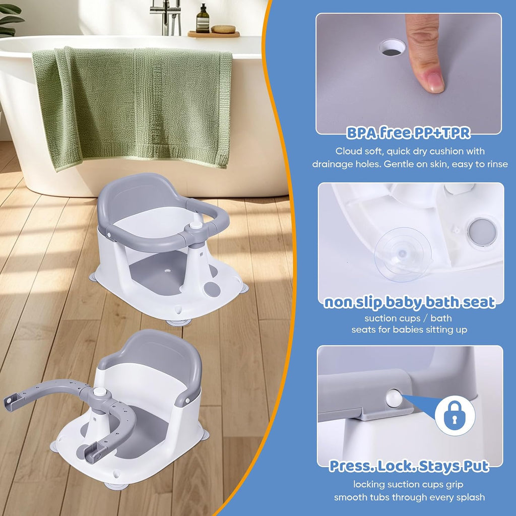 Bath Seat for 6-24 Months, Bath Seats for Babies Sitting Up with 4 Locking Suction Cups & Soft Cushion, Non Slip Anti