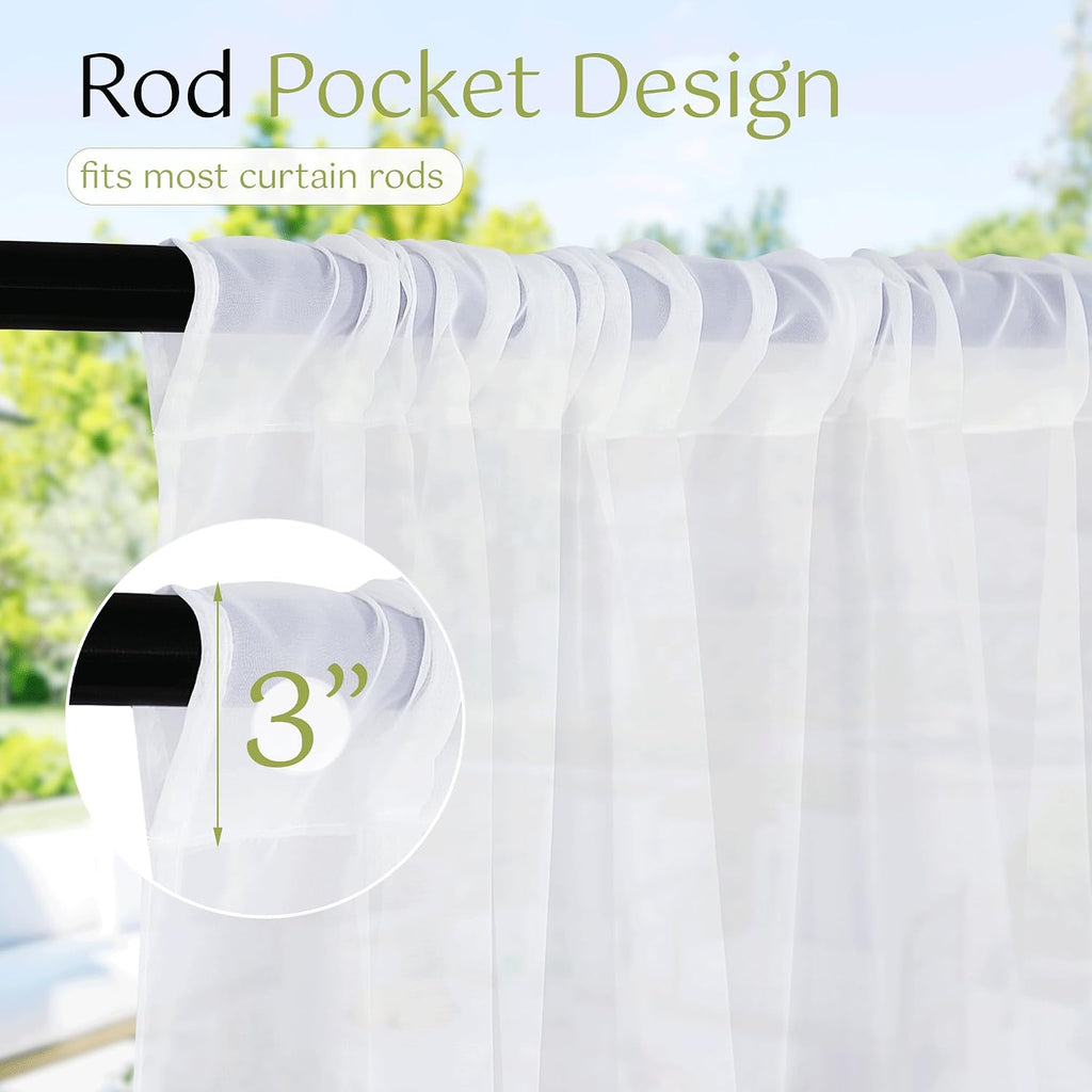 6 Panels White Sheer Outdoor Curtains Waterproof | Light Filtering, Airy Voile, Outside Drapes Rod Pocket Drapes for