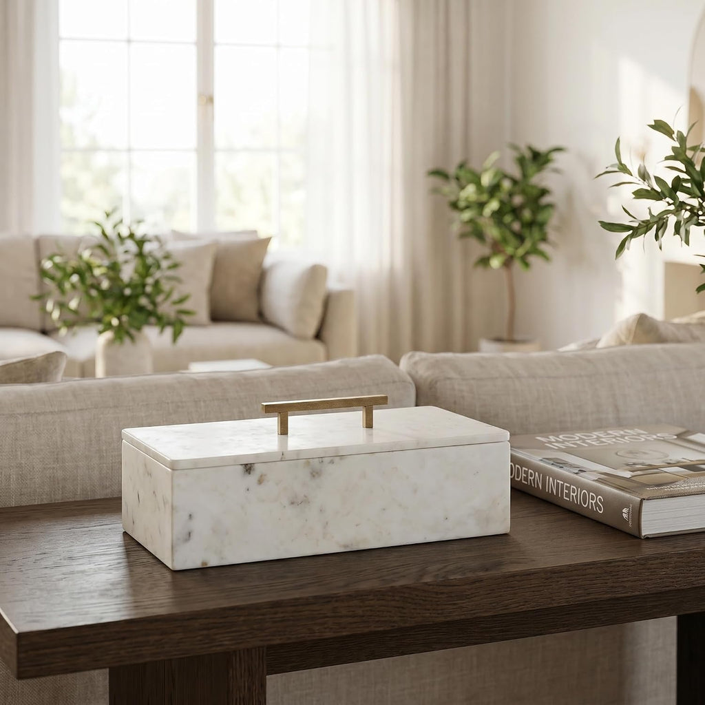 Modern White Marble Storage Box with Brass Handle, Stylish Accent Piece, Removable Lid, Ideal Organization, 11.7' X 7'