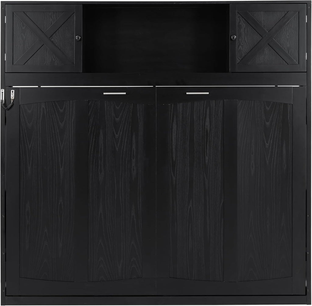 Full Horizontal Murphy Bed with Storage, Farmhouse Wooden Wall Bed with Cabinets and Bookcase, Space-Saving Foldable