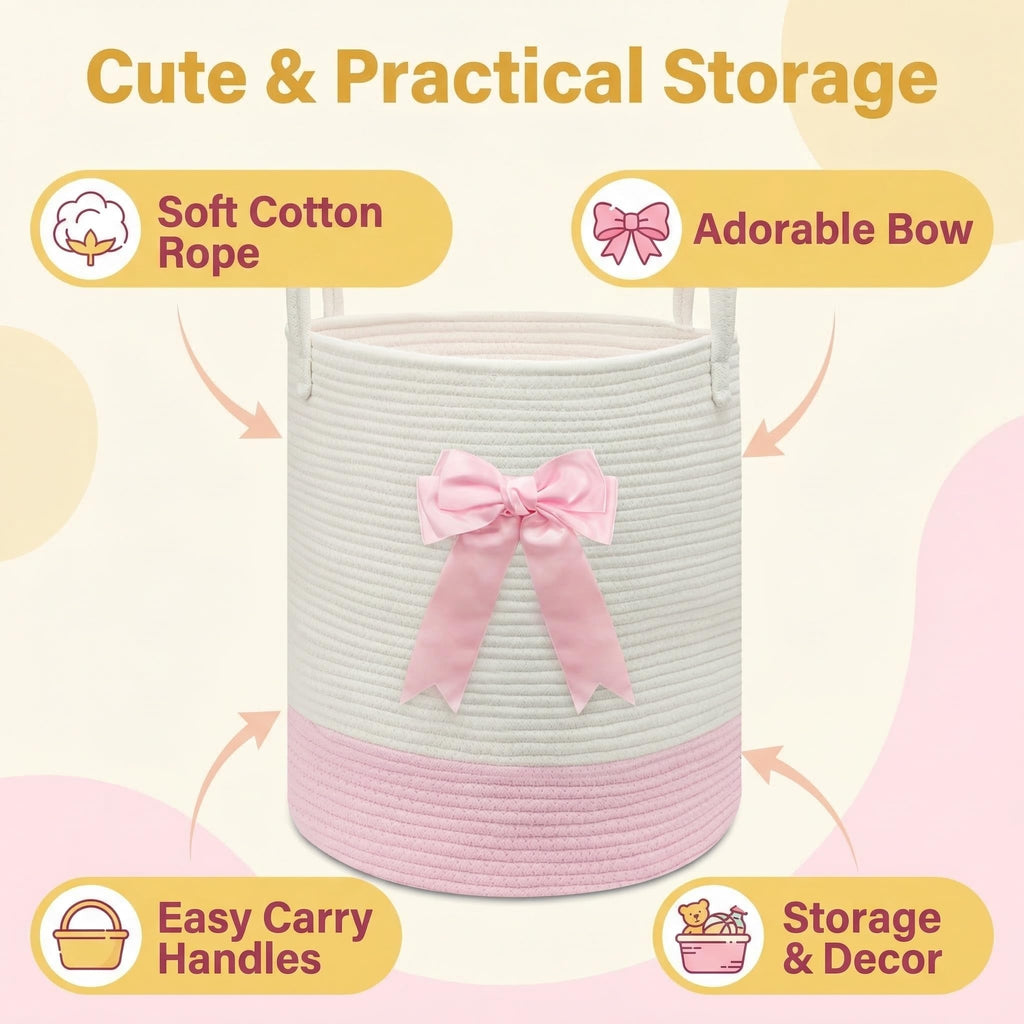 Pink Laundry Hamper with Bow, Tall Storage Basket