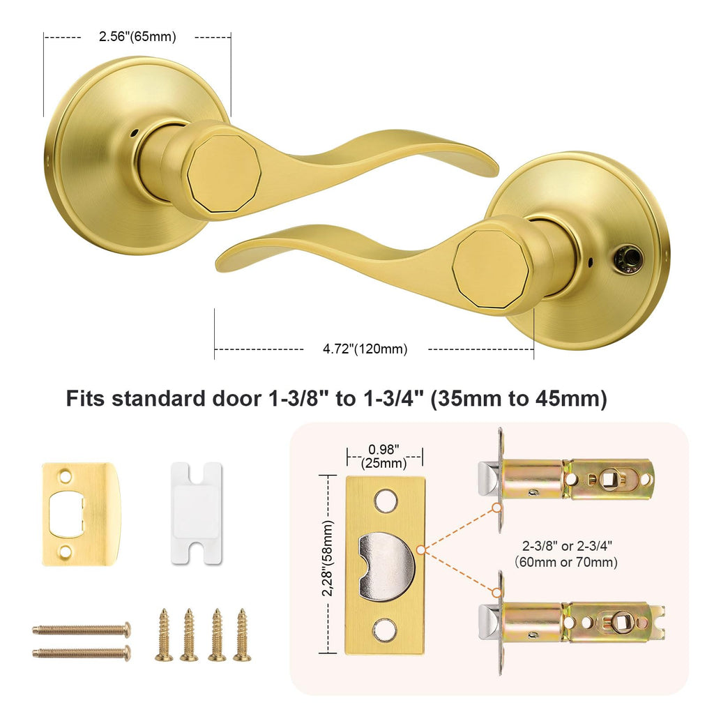 Door Handles Gold Interior Door Handles Passage Door Handle Lever Brushed Gold for Closet, Hallway Closet Wave Style