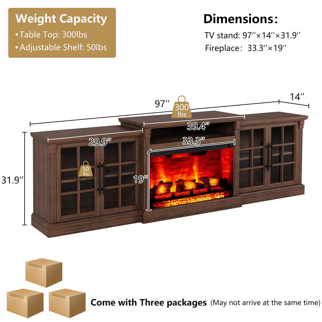 97" Farmhouse TV Stand with 33" Fireplace, Rustic Brown