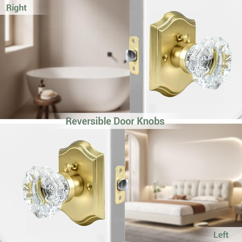 Crystal Door Knobs, Brushed Gold Glass Door Knobs Interior Rose Shape with Lock Privacy Function, Vintage Antique