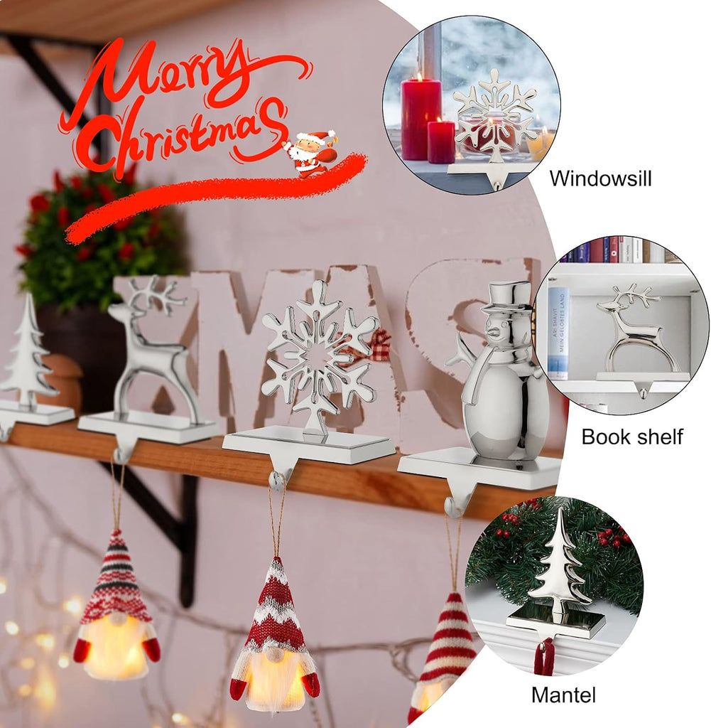 Christmas Stocking Holders for Mantel Set of 4 Reindeer Snowflake Snowman Pine Tree Vintage Metal Standing Stocking