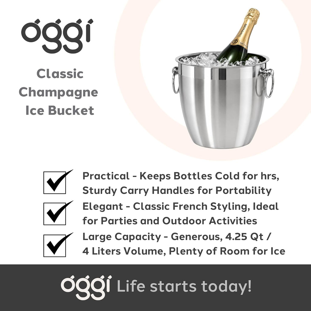 Stainless Steel Champagne Bucket 4 Liter (4.25 Qt), Large Champagne Bucket with Handles for Parties & Celebrations