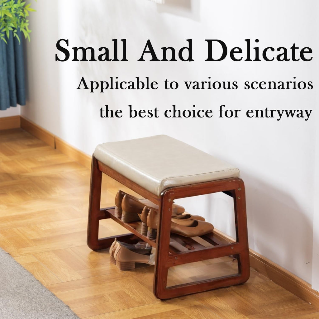 Solid Wood Bench, Entryway Shoe Bench with Cushion, 2 Tier Shoe Storage Organizer (Grey, 21.65''L)