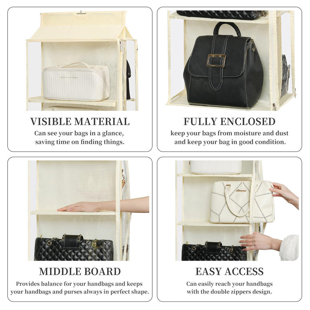 8 Grids in 1 Pack Hanging Purse Handbag Organizer with Double Zippers, Visible Purse Organizer for Closet, Fully
