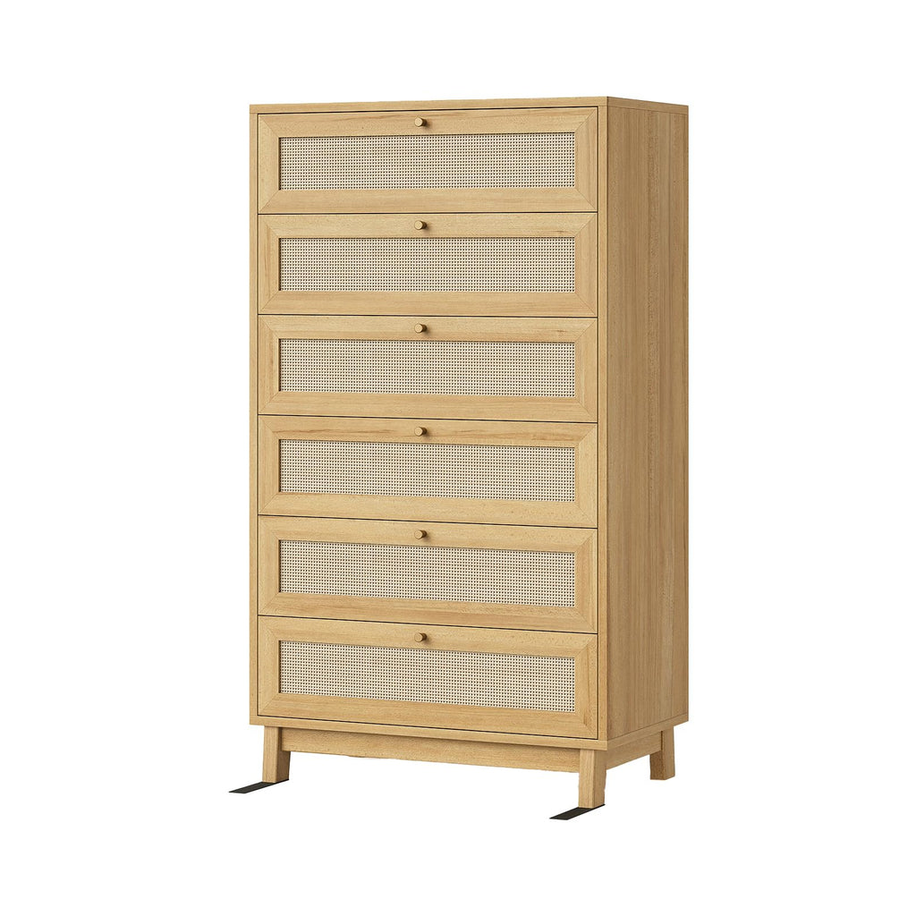 Rattan with 6 Drawer, Modern Double Wooden Tall Bedroom, Chest of Drawers with Metal Handle & Solid Wood Legs