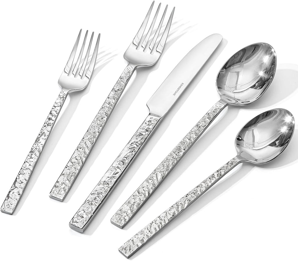 40 Pieces Hammered Silverware Set for 8, 18/10 Stainless Steel Heavy Duty Flatware Set, Tableware Cutlery Utensil Sets