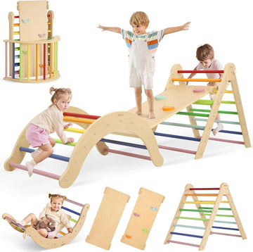 Triangle Set, in-1 Foldable Climbing Toys for Toddlers 1-6 Years Old, Wooden Montessori Climbing Set with Arch