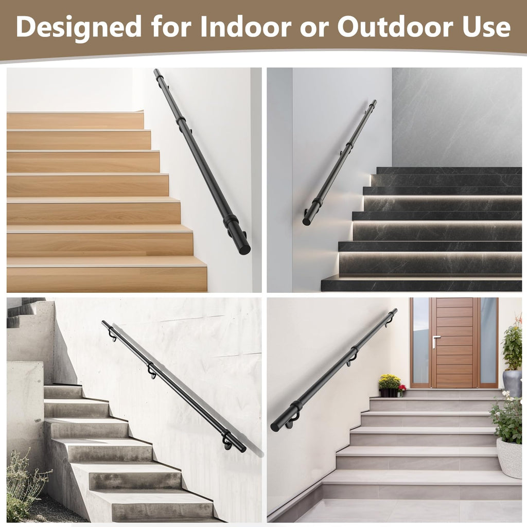 Stair Railing Indoor 10 Feet Hand Rails for Indoor/Outdoor Steps 1.5" Round Porch Railing Wall Mount Aluminum Hand