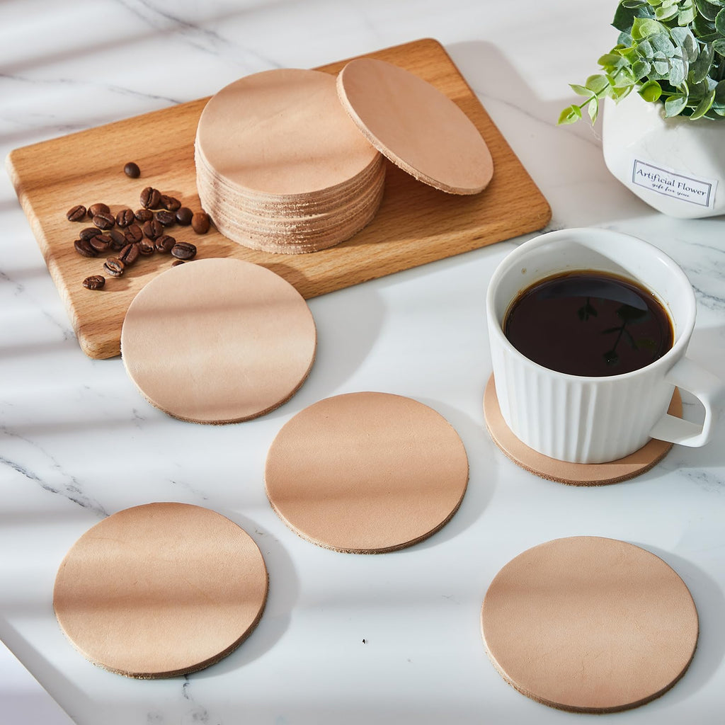 50 Pack Vegetable Tan Leather Coaster Tooling, 3-1/4 Inches, Round