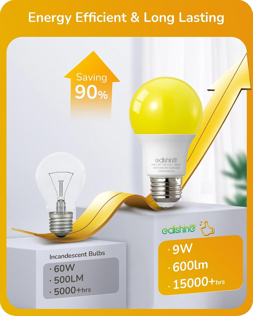 9W A19 Yellow Bug Light Bulbs, 2400K Amber E26 8-Pack