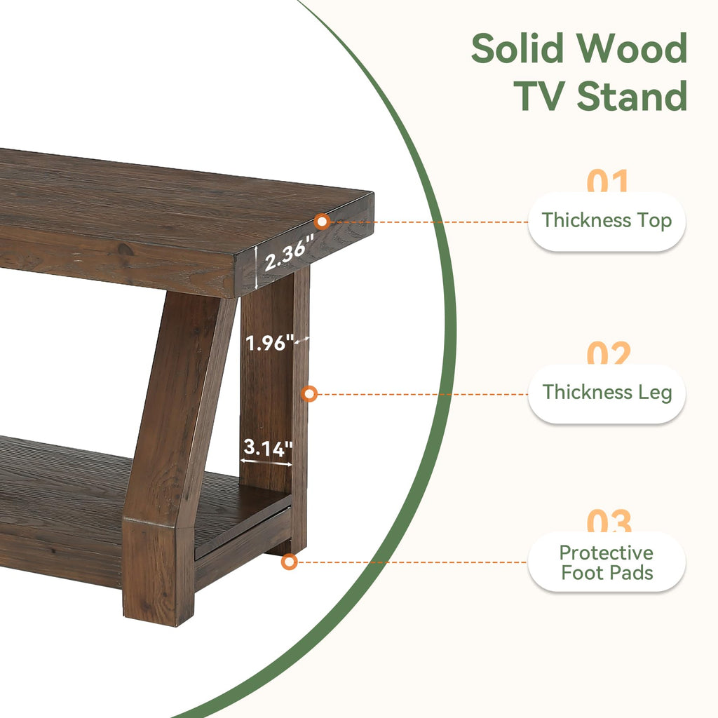 63" Solid Wood TV Stand, 2-Tier Media Console with Open Storage, Farmhouse Entertainment Center, Easy Assembly, Rich