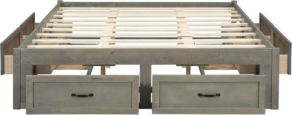 Antique Gray Wood Bed Frame, Farmhouse Japanese Low Platform Wooden Beds Frames with 6 Storage Drawers