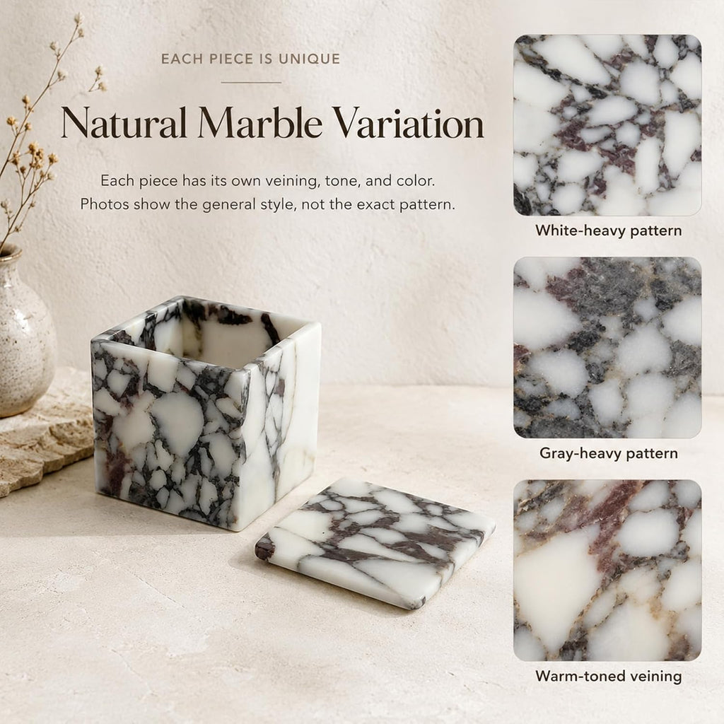 Natural Marble Square Storage Box with Lid, 3.94