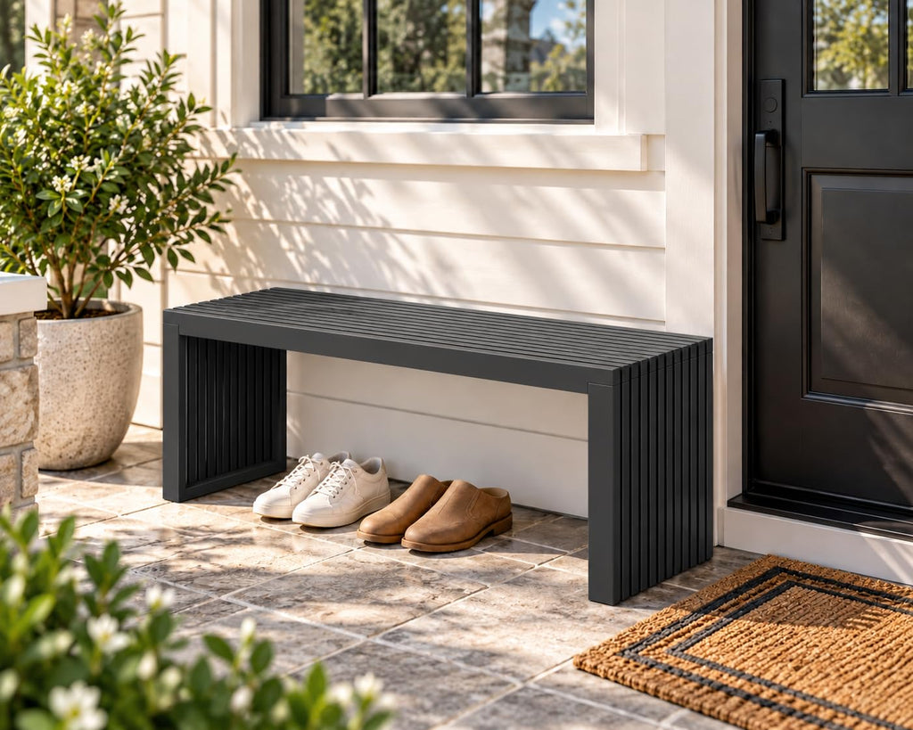 Bamboo Dining Bench, 35'' Slatted Design Entryway Bench, Black