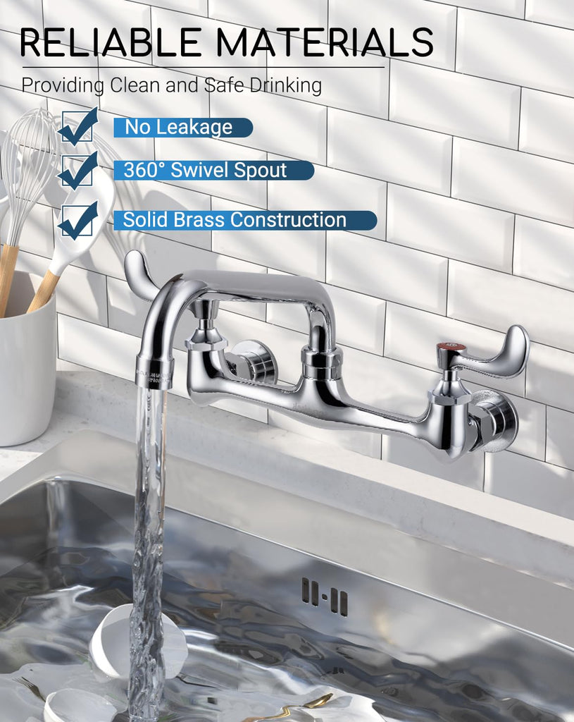 8" Center Wall Mount Commercial Sink Faucet with 10" Swivel Spout